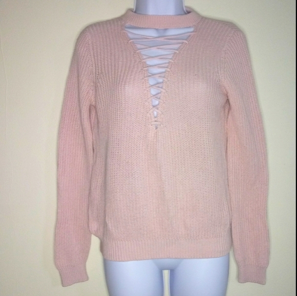 Light Pink Criss Cross Choker Neck Sweater - Picture 1 of 9